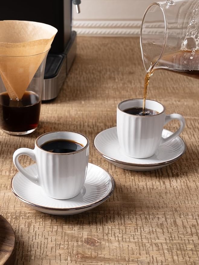 famiware Espresso Cups and Saucers Set of 4, 3 oz Ceramic Small Coffee Mug with Handle, Embossed Stoneware Demitasse Cup for Tea, Latte - Microwave & Dishwasher Safe - White Stripe