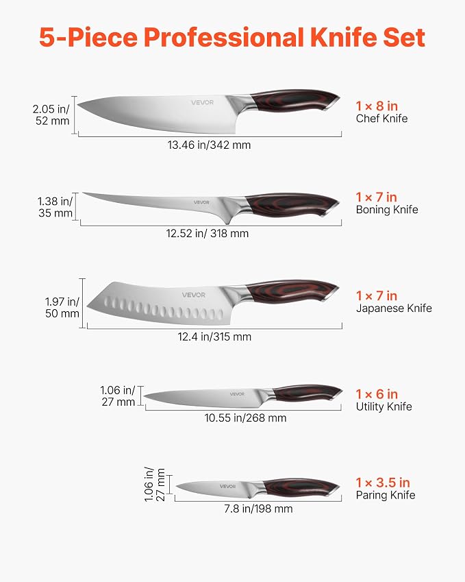 VEVOR Kitchen Knife Set, 5 Piece High Carbon Stainless Steel Sharp Knife Set, Durable and Rust-Resistant, Professional Kitchen Cutlery with Ergonomic Crack-Resistant Handle, for Precise Cutting