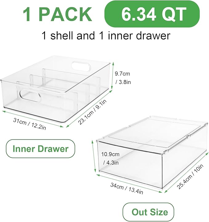 Extra Large Refrigerator Organizer Bins with Pull-out Drawer, Stackable Clear Bins with 3 Dividers, Pantry Organization and Food Storage