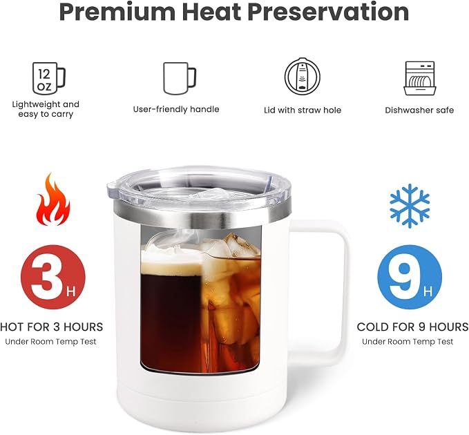 MEWAY 12oz Coffee Mug With Handle 8 Pack Bulk,Stainless Steel Insulated Travel Tumblers With Sliding Lid,Double Wall Vacuum Camping Cup for Hot & Cold Drinks Tea (Multicolor,Set of 8)