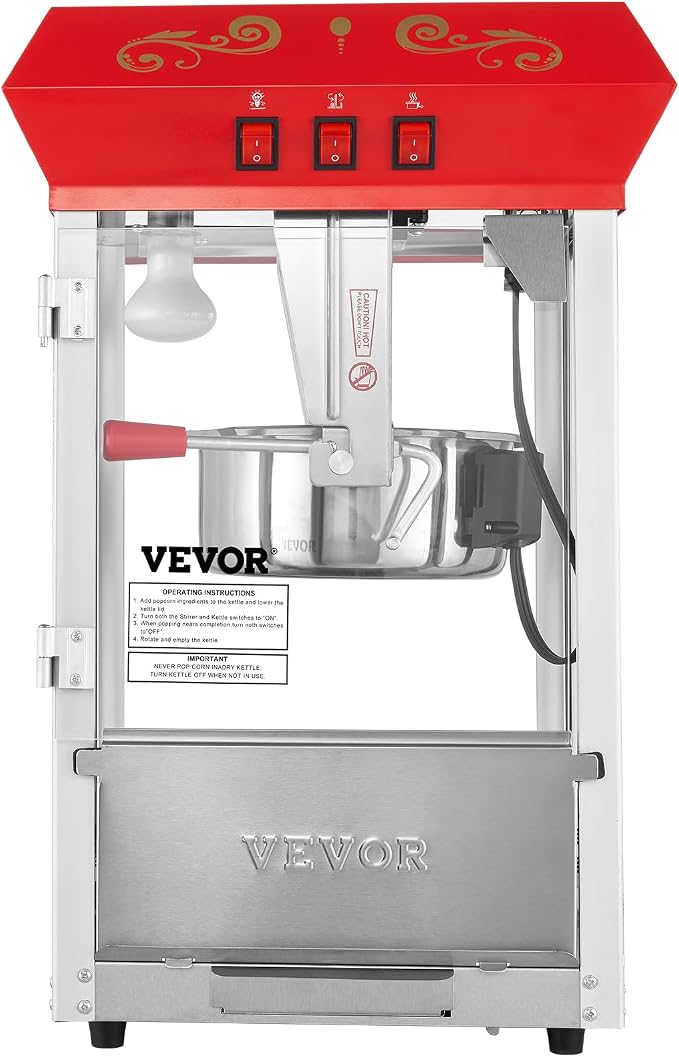 VEVOR Commercial Popcorn Machine, 8 Oz Kettle, 850 W Countertop Popcorn Maker for 48 Cups per Batch, Theater Style Popper with 3-Switch Control Steel Frame Tempered Glass Doors 2 Scoops 2 Spoons, Red | 48 Cups per Batch, Theater Style Popper with 3-Swi...