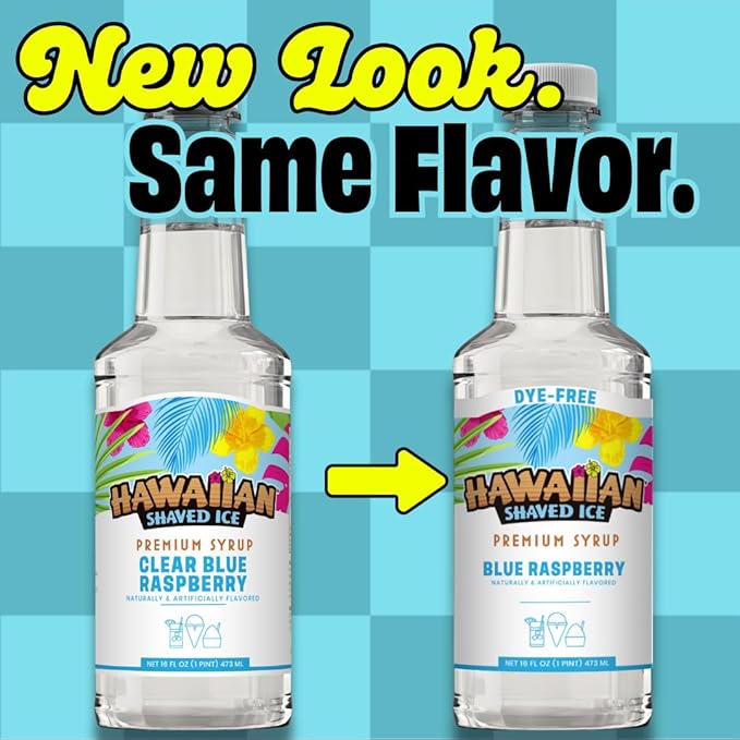 Hawaiian Shaved Ice Clear Blue Raspberry Syrup - Nut Soy Dairy & Dye Free - Flavor Fluffy & Crunchy Snow Cones - Shelf Stable - Makes 8 Servings - 16 ounces