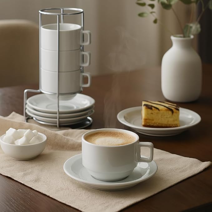 HIC Kitchen Stackable Cappuccino Mug Set, Fine Porcelain, 9-Piece Set, 7-Ounce Service for 4 Plus Storage Stand