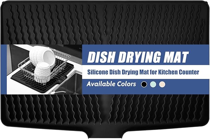 Silicone Dish Drying Mat for Kitchen Counter, Heat-resistant Dish Dryer Mat with Built-in Drain Lip ,Drain Pad Protects Surfaces Prevents Water Build UP (23.6" x 15.7", Black -1pcs)