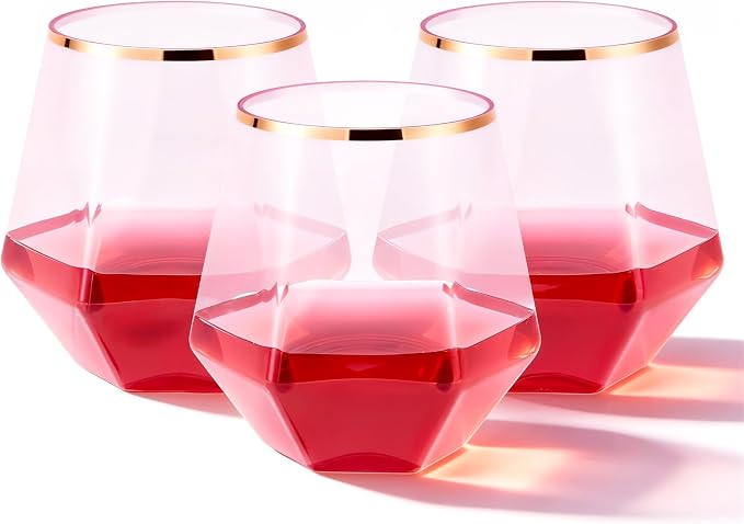 Goodluck 40 PCS Diamond Stemless Plastic Pink Wine Whiskey Glasses, 12 Oz Disposable Cocktail Glasses, Suitable for Weddings, Birthday Parties, Family Gatherings, Bars, etc (Rose Gold rimmed cups)
