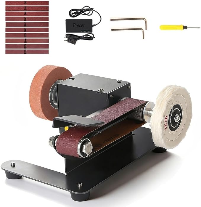Mini Belt Sander, Electric Small Sander Knife Making Supplies, 7 Adjustable Speed Electric Knife Sharpener, Power Belt Grinder for Woodworking. (Standard - Essential Polishing Kit)
