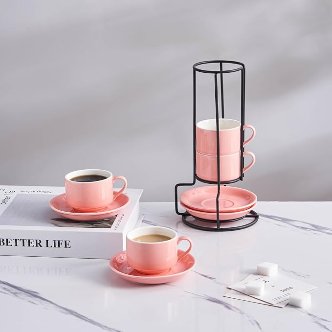 YOLIFE 2.5oz Espresso Cups Set of 4, Porcelain Stackable Espresso Cups, Expresso Shots Cup Set with Saucers and Metal Stand-Pink