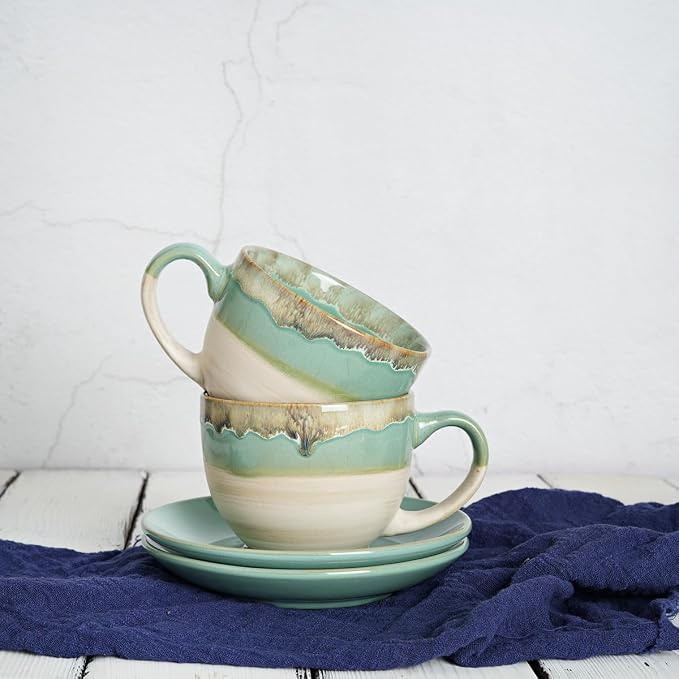 Bosmarlin Ceramic Cappuccino Cup and Saucer Set of 2, 10 Oz, Coffee Cups for Latte, Espresso, Tea, Dishwasher and Microwave Safe, Reavtive Glaze (Green)