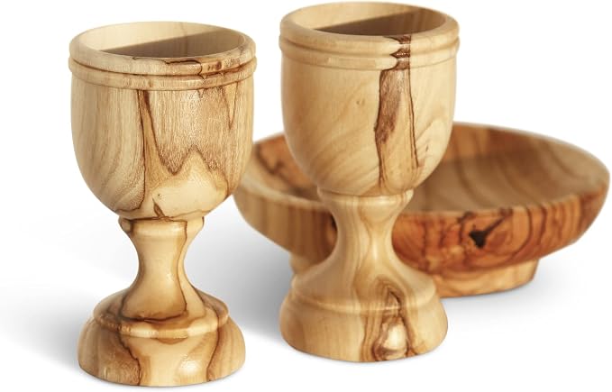 Christian Wedding Gifts – Olive Wood Communion Set Made in Bethlehem – 2 small Cups (3") & Bread Tray for Marriage Unity Ceremony – Authentic Holy Land Gift for Bride & Groom with Certificate