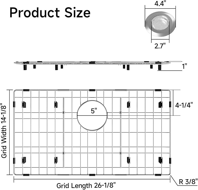 26-1/8’’ x 14-1/8’’ Sink Protectors for Kitchen Sink, Stainless Steel Kitchen Sink Protector, Sink Grate for Bottom of Kitchen Sink with Rear Drain, Sink Grid for Single Bowl Kitchen Sink