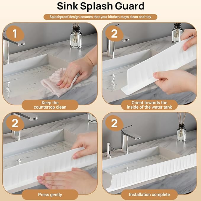 Silicone Sink Splash Guard for Kitchen Edge, 20 Inch Long Water Barrier with Strong Suction Cups, White Dish Washing Baffle for Countertop, Wet Clothes Protector for Island & Bathroom, Reusa