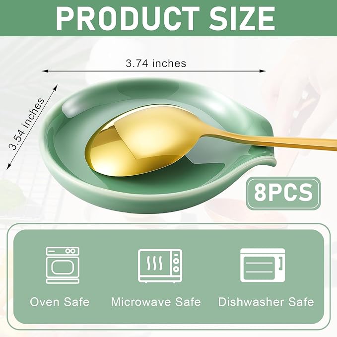 Irenare 8 Pcs Ceramic Spoon Rest for Stove Top, 3.74 Inch Porcelain Spoon Holder, Coffee Utensil Rest Heat Resistant Dishwasher Safe for Home Kitchen Accessories Gift(Green)