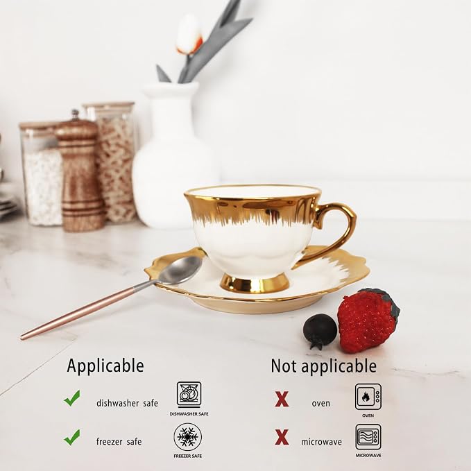Coffee Mugs Set, 5.0 oz Ceramic Tea Cup with saucer, Espresso Cups 6-piece Rose Tea Cups and Saucers, Stackable Cups, for Latte, Cappuccino, Mocha, Cocoa (Golden)