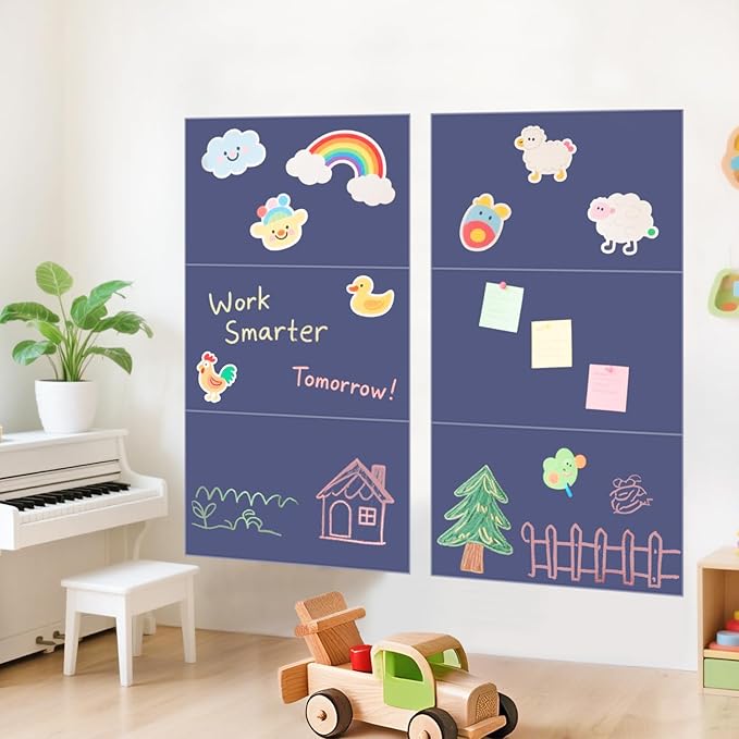 Magnetic Chalkboard Wall Decal Set of 6 Peel and Stick Magnet Sheets with Chalk Tangram Puzzle and Multiple Accessories Dusty Blue Magnetic Chalk Boardfor Home Playroom and Classroom