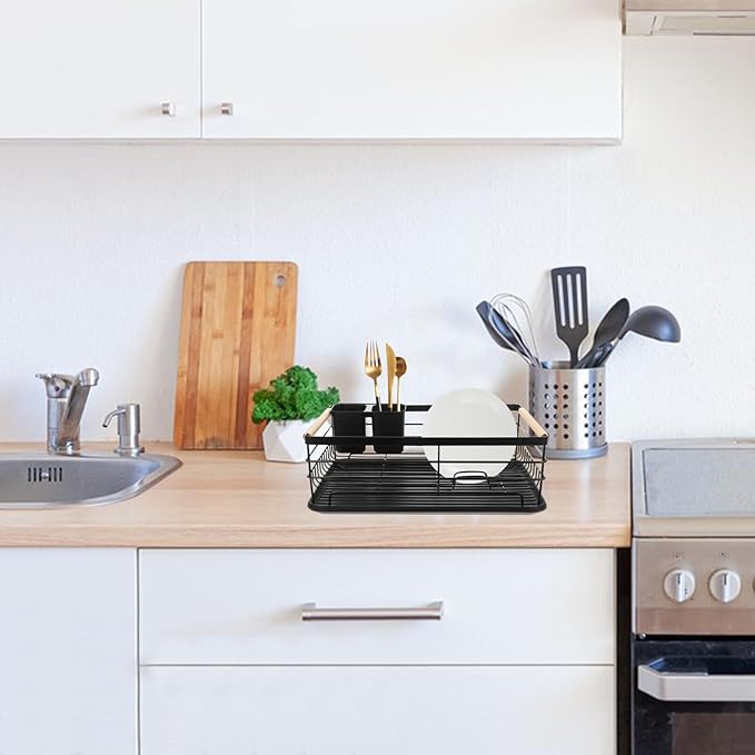 BESPORTBLE Black Iron Multifunctional Kitchen Dish Drying Rack with Large Capacity and Drain Tray, Over Sink Countertop Dish Drainer Organizer for Bowls and Utensils