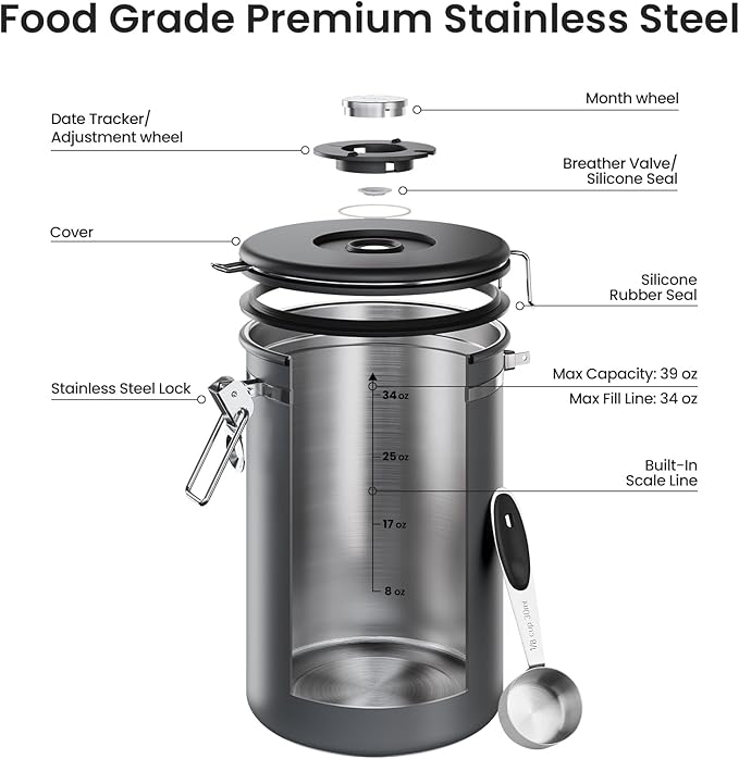 Veken Coffee Canister, 39OZ Large,Airtight Stainless Steel Food Storage Container for 2.2lbs Beans,Ground,Sugar,Espresso,Rice,Tea,Flour,Cereal,Cookie,Lids,Jars,Gifts,Scoop,Kitchen Bar Accessories,Gray