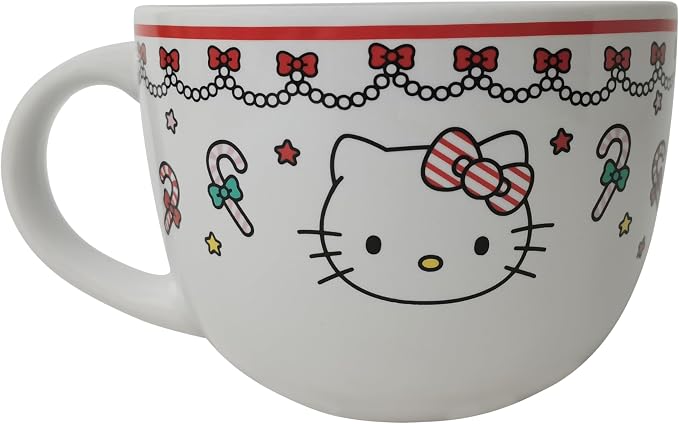 Silver Buffalo Sanrio Hello Kitty Christmas Holiday Candy Cane Ceramic Soup Mug, 24 Ounces