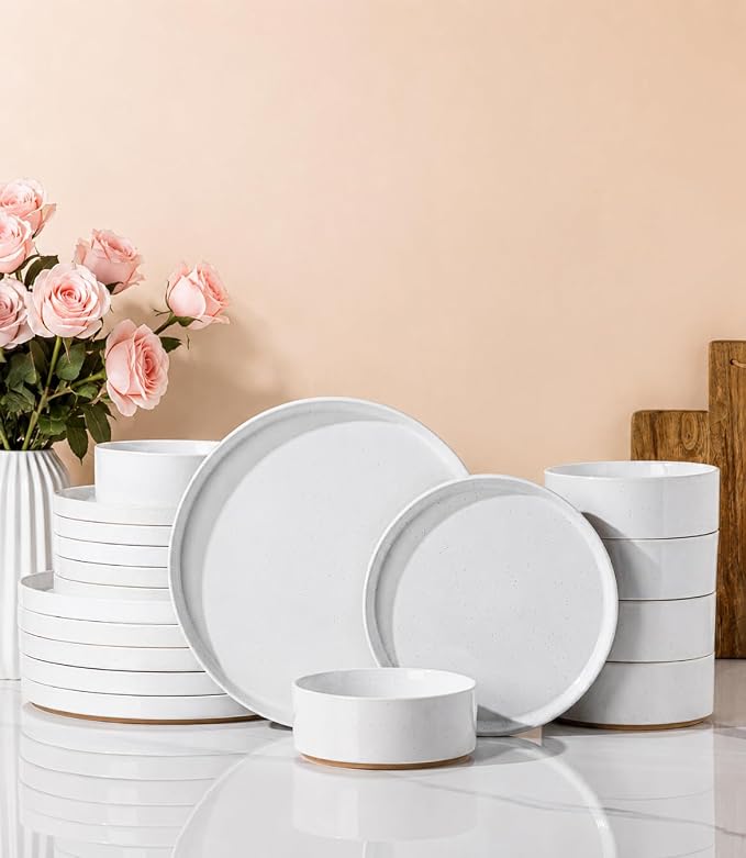 AmorArc Ceramic Dinnerware Set for 6 | Speckled Stoneware Plates and Bowls with Rustic Terracotta Underside| Scratch Resistant,Dishwasher & Microwave Safe Dishes Sets- 18pcs White