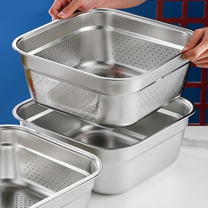 Kichvoe Stainless Steel Square Colander 8.27 Inch Vegetable Washing Basin Large Capacity Kitchen Strainer for Fruit and Vegetable Drainage