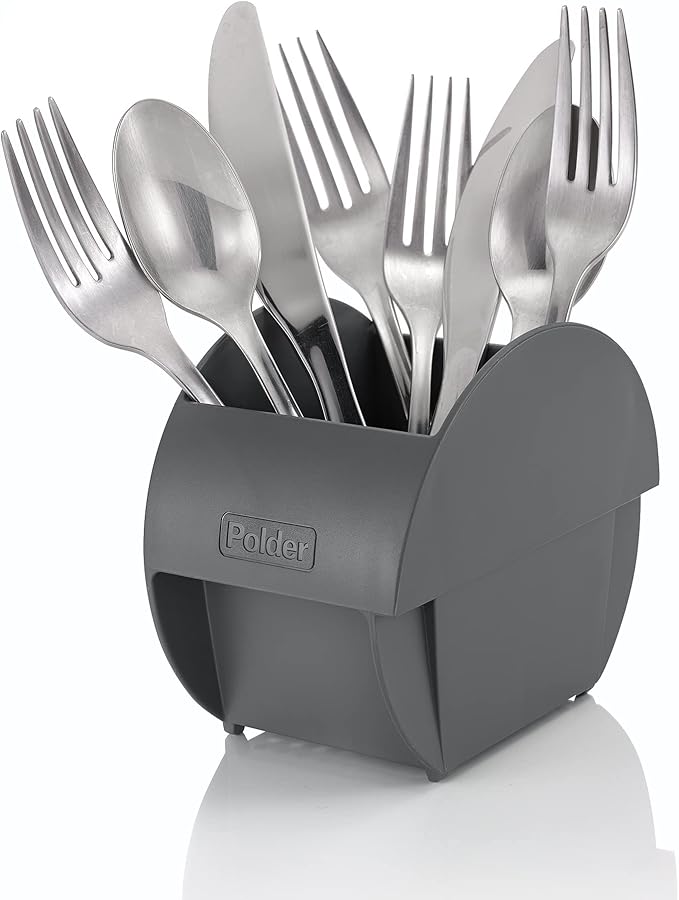 Polder Spring Dish Rack Holds Up to 9 Plates and Includes Removable, Stand-Alone Utensil Bin (Gray)