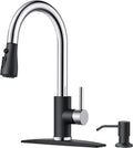 FORIOUS Kitchen Faucets with Soap Dispenser and Pull Down Sprayer, Bar High Arc Single Handle Classic 3 Modes Stainless Steel Faucet for Kitchen Sink Farmhouse RV Laundry Camper, Black Chrome