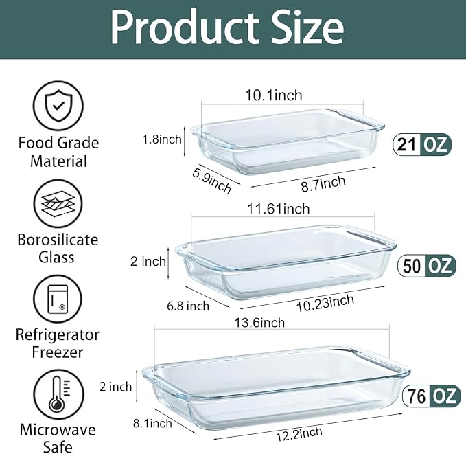 Glass Baking Dish, Glass Baking Dishes for oven,Food Container 3-Piece Set for Cooking Lasagna Kitchen Baking Bakeware Set Oven Microwave Refrigerator Dishwasher Safe (6)