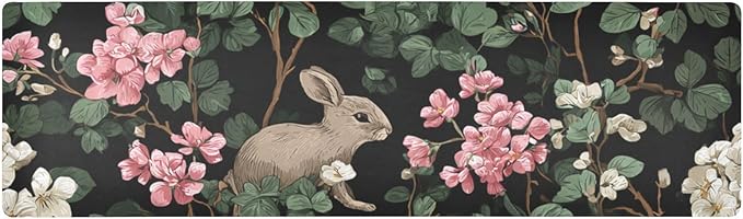 2-in-1 Table Runner Trivet for Hot Dishes Heat Resistant Hot Plate Mat Pad 39x12 Inch Waterproof Table Protector Trivets for Countertop Non Slip Decorative Retro Black Rabbits and Flowers