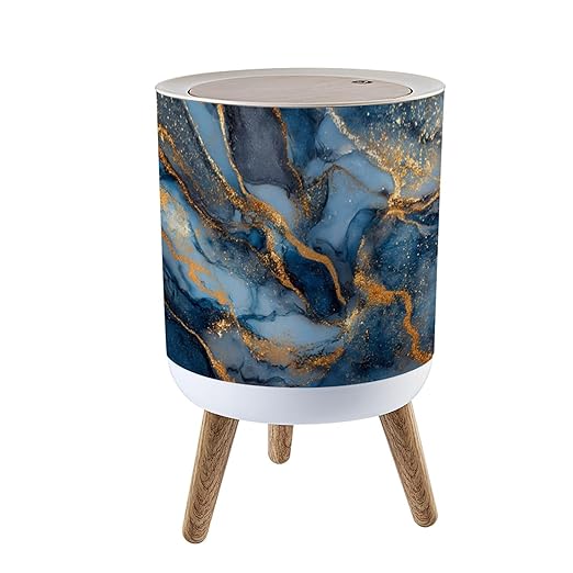 Trash Can with Lid Photo Navy Blue Dark Marble Golden Veins Close up Texture for Press Top Round Small Garbage Bin with Wooden Legs Waste Basket for Kitchen Bedroom Nursery 7L/1.8 Gallon