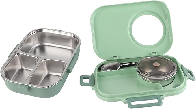 Thermal Lu Box For Hot Food Thermal Tazon,Lu Box Lu Box Thermal Lu Box 1100Ml Double Layer 3 Grid Design 304 Stainl Steel Box With Chopsticks Spoon Soup Bowl G (Green)