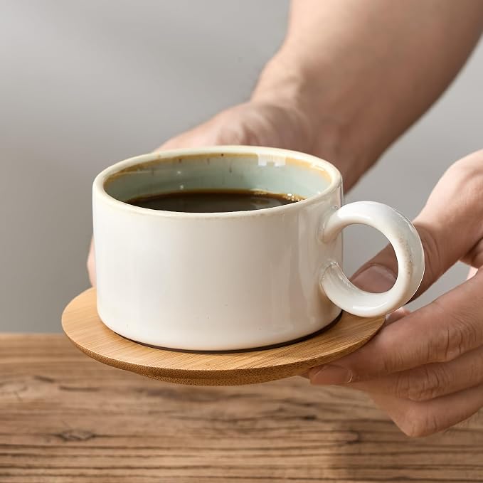 LUKA 6 Ounce Porcelain Stackable Espresso Cups with Saucers and Metal Stand Set of 4, Ceramic Cappuccino Cups Set for Specialty Coffee Drinks, Latte, Cafe Mocha and Tea, White Green Interior