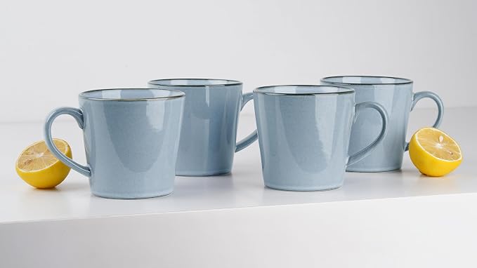 famiware Coffee Mug Set of 4, Annecy 14 oz Ceramic Reusable Cups Set with Handle, Microwavable and Dishwasherable Stoneware Drinkware Set for Tea, Milk, Water, Reactive Blue