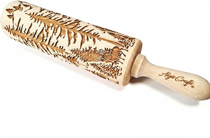 FOREST embossing rolling pin. Engraved wooden embossed dough roller for embossed cookies or clay by Algis Crafts
