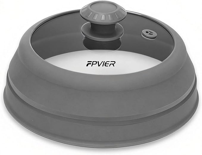 Microwave Splatter Cover - 9.8" Glass Lid with Collapsible Silicone Rim, Universal Pot & Plate Cover for Mess-Free Heating (Gray, 9.8inch)
