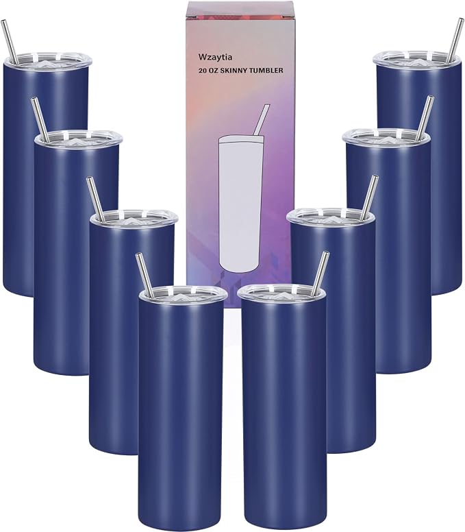 8 Pack 20 Oz Stainless Steel Straight Skinny Tumblers, Insulated Slim Thin Travel Cup Set for DIY, Navy