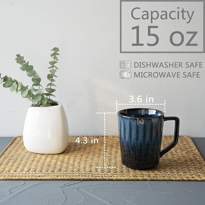 Bosmarlin Ceramic Coffee Mug Set of 4, 15 Oz, Coffee Cups with Big Handle, Microwave Safe, Unique Reactive Glaze (Grey Blue, 15 Oz)