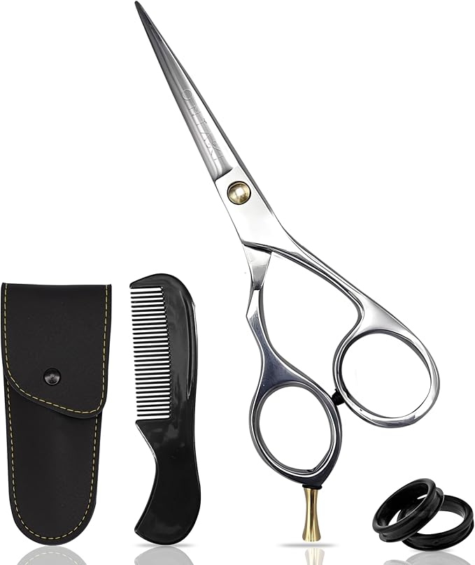 Ontaki Japanese Mustache & Beard Scissors - 5.5" 420C Steel Left Hand - Ergonomic Bent-Handle Hair Shears for Precision - Pro-Grade Blades for Barber Scissors - Beard Trimming Kit with Comb & Pouch