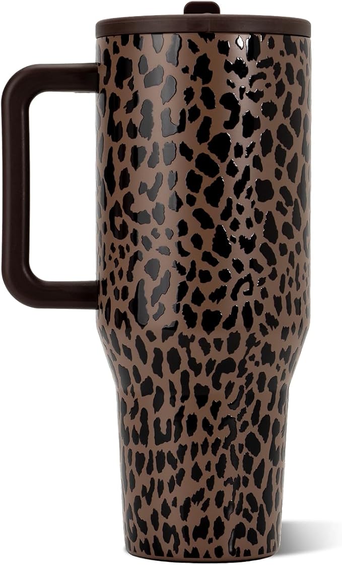 HydroJug Traveler 32oz, Insulated Tumbler with Handle & Straw, Brown Leopard
