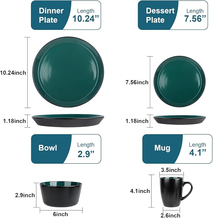 Plates and Bowls Sets, 16 Pieces Dinnerware Sets, Dishes Set for 4, Christmas, Kitchen Set is Home Essentials, Dark Green & Black