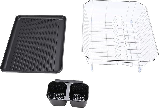 Asixxsix Dish Drying Rack, Anti Rust Coated Dish Drainer with Utensil Holder and Drainboard, Sink Organization and, 14" x 12" x 5" for Home and Apartment Decor (Silver)