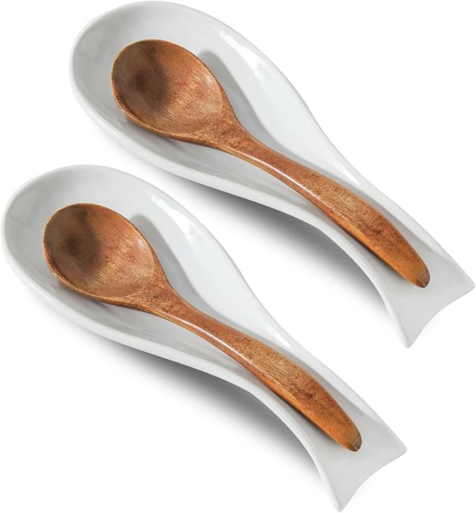 Ceramic Spoon Rest for Stove Top, Large 8.7 Inch Spoon Holder for Kitchen Counter, Porcelain Utensil Rest for Ladle, Spatula, Housewarming Gift, Dishwasher Safe and Heat-Resistant, White, Set of 2