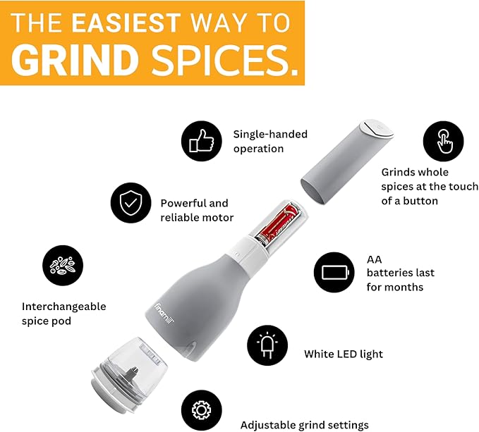 FinaMill Classic Battery Spice Mill – Battery Operated Salt and Pepper Grinder Set, Includes 2 Interchangeable Spice Pods, Adjustable Coarseness, Ceramic Grinder, LED Light, Home and Kitchen Gift Set