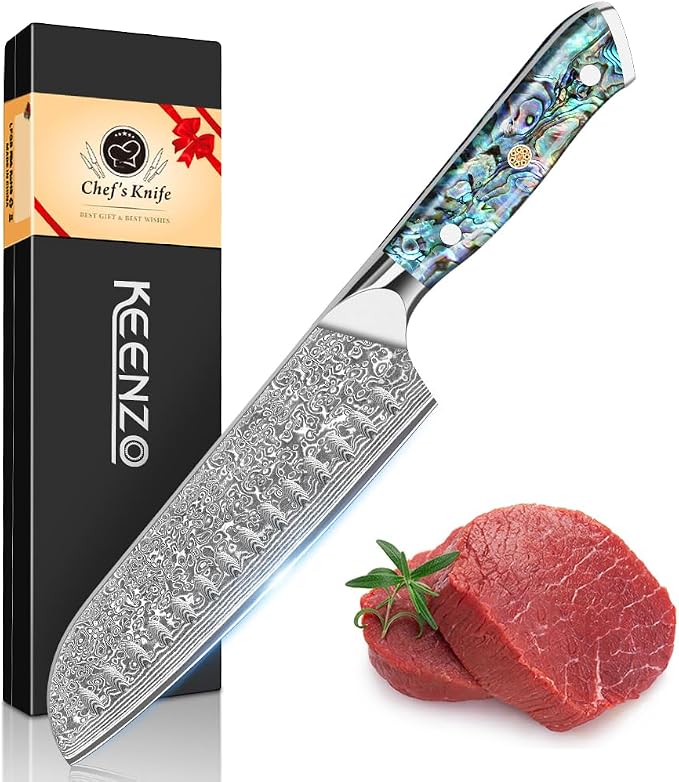KEENZO Damascus Santoku Knife 7 inch, Razor Sharp Professional Chef Knife, Japanese Hand Forged 67 Layers Hammered Damascus Blade, Ergonomic Abalone Shell Handle Cooking Knife with gift box