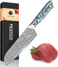 KEENZO Damascus Santoku Knife 7 inch, Razor Sharp Professional Chef Knife, Japanese Hand Forged 67 Layers Hammered Damascus Blade, Ergonomic Abalone Shell Handle Cooking Knife with gift box
