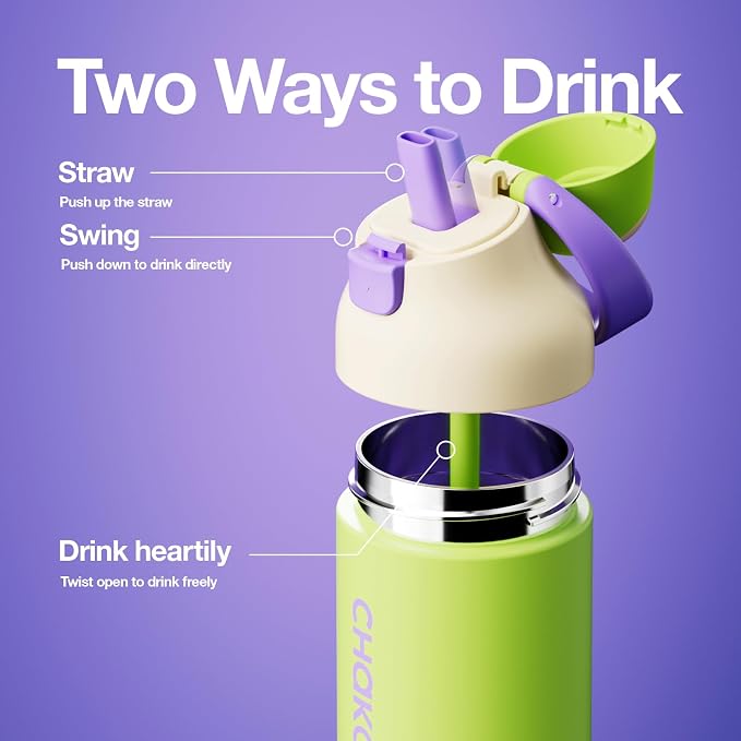 CHAKO LAB Insulated Stainless Steel Water Bottle, BPA-Free Sports Water Bottle,Spout and Straw,Leak Proof Locking Lid,Designed for Travel, School, and Sport,BPA Free,23 oz,Green