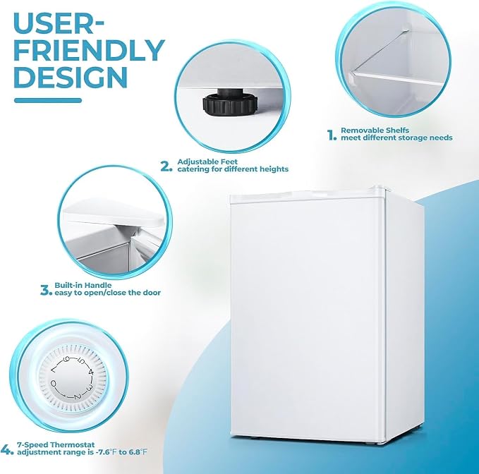 Electactic 3.0 Cu.ft Small Freezer, Mini Upright Freezer with 7 Adjustable Thermostat, Removable Shelves, Reversible Single Door, for Bedroom/Home/Dorms/Apartment (White)