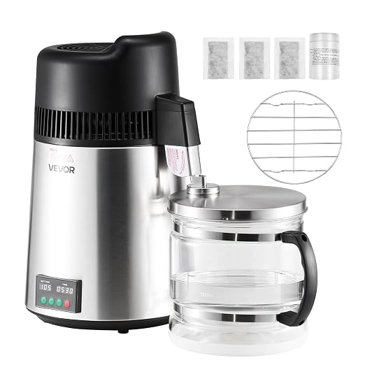 VEVOR Water Distiller, 6L/1.6 Gallon Larger Water Distilled Machine, 900W Distilling Water Maker with Glass Carafe, 0-99H Timing Set, Time & Temp Display, 304 Stainless Steel Water Stiller, Silver