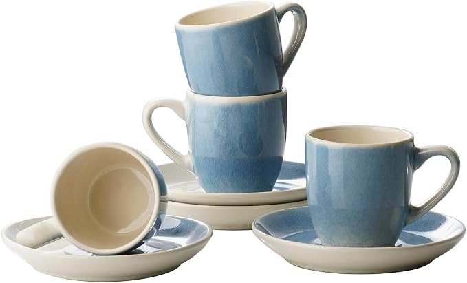 famiware Glacier Espresso Cups with Saucers Set of 4, 3oz Espresso Cup Set, Coffee Mug Set for Latte, Macchiato, Stoneware Demitasse Cups Set for Cafe, Microwave&Dishwasher Safe, Azure Blue