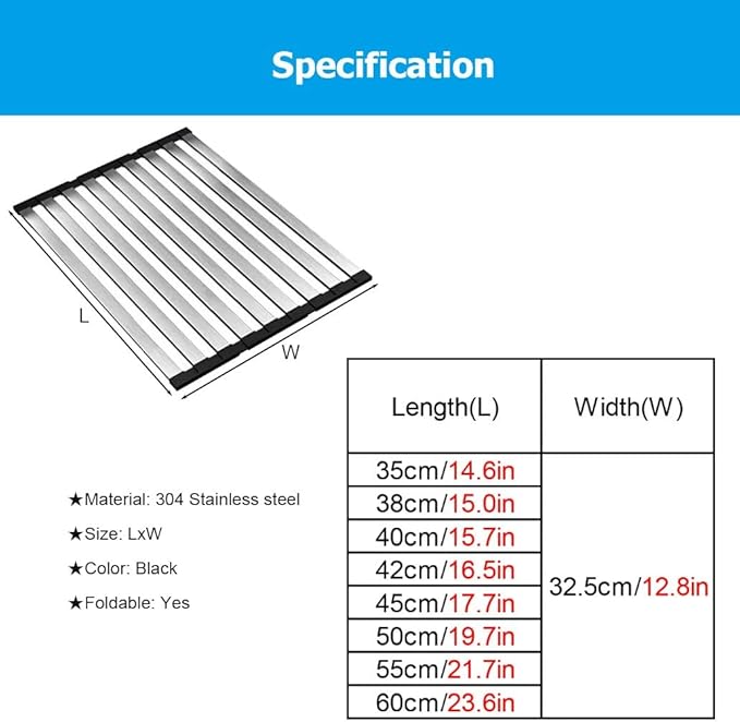 35/38/40/42/45/50/55/60 CM Collapsible 304 Stainless Steel Over Sink Roll up Dish Drying Rack, Foldable Heat-Resistant Dishes Drainer(L 40cm/15.7in)