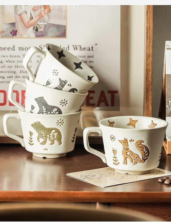 12OZ Stackable Coffee Mugs,Vintage Ceramic Coffee Mugs With Animal patterns for Man,Woman,Dad,Mom, Modern Coffee Mugs Set of 4 for Latte,Cappuccino,Cocoa. Dishwasher&Microwave Safe(golden)