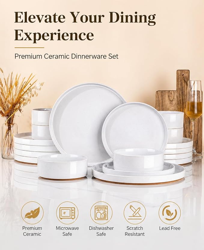 AmorArc Ceramic Dinnerware Set for 4 | Speckled Stoneware Plates and Bowls with unglazed terracotta | Scratch Resistant, Dishwasher & Microwave Safe Dishes Sets- 12-Pcs Milk White